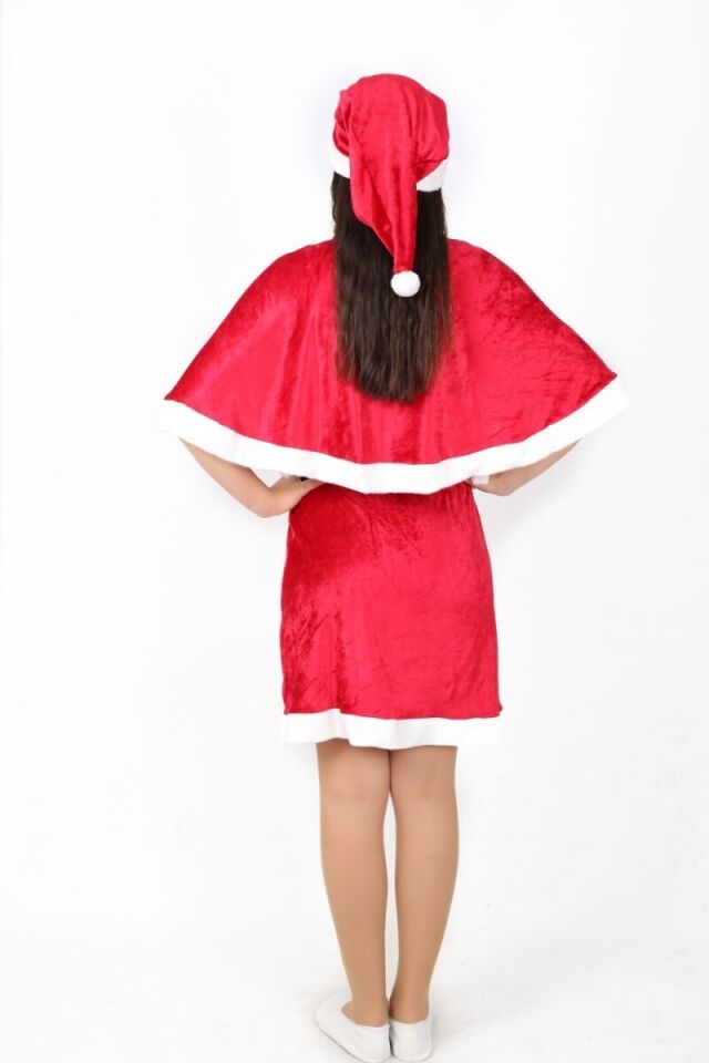 Pelerinli Straplez Noel Anne Kostümü, Kadife Kumaş Yılbaşı Noel Anne Kostümü