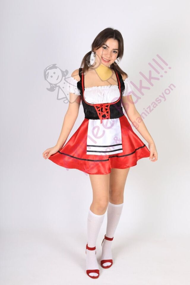 Kırmızı Renk Alman Kadın Kostümü, Oktoberfest Yetişkin Alman Kadın Kıyafeti