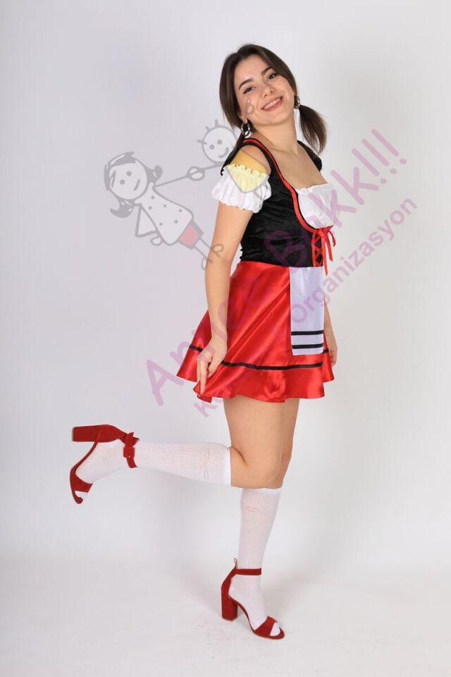 Kırmızı Renk Alman Kadın Kostümü, Oktoberfest Yetişkin Alman Kadın Kıyafeti