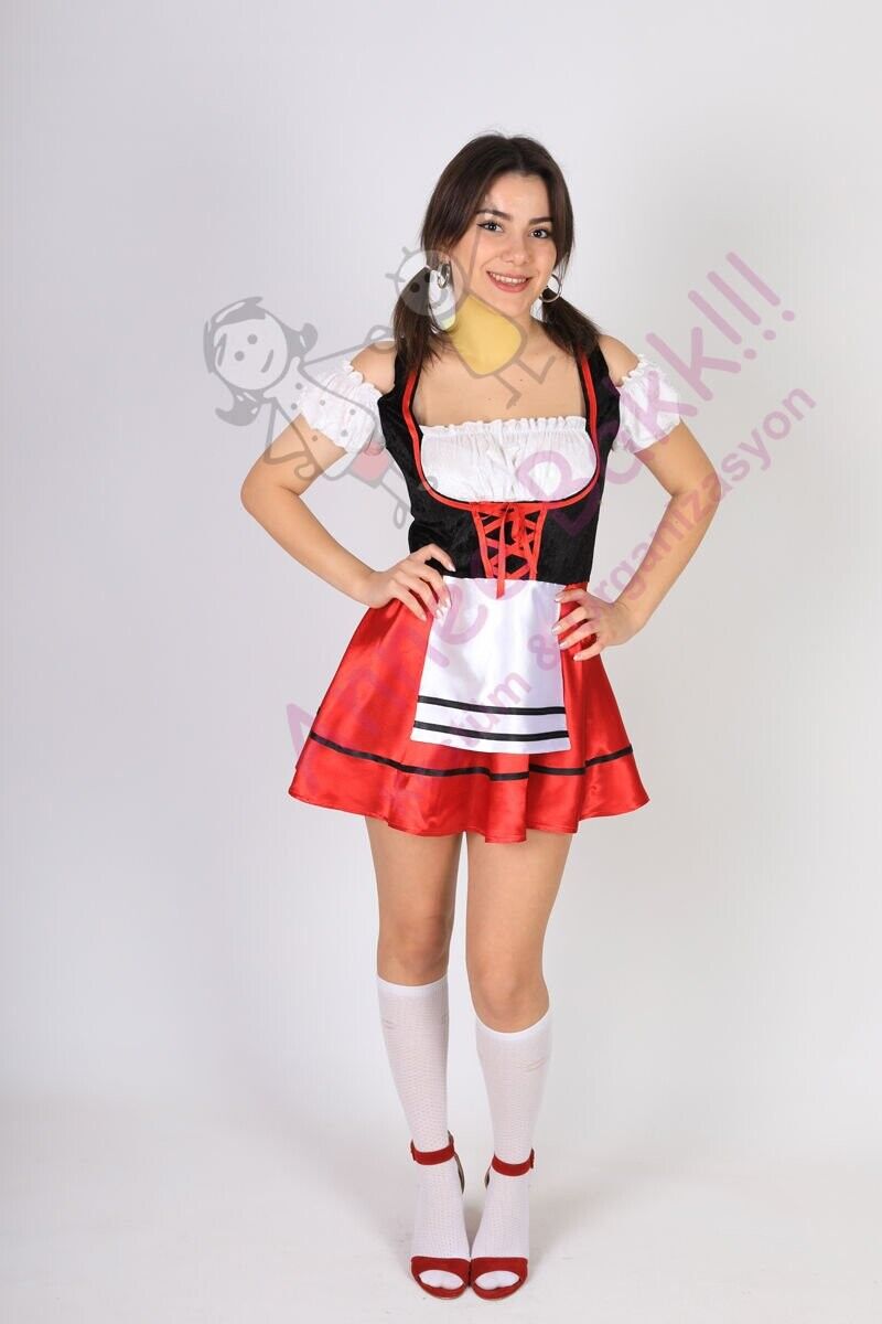 Kırmızı Renk Alman Kadın Kostümü, Oktoberfest Yetişkin Alman Kadın Kıyafeti