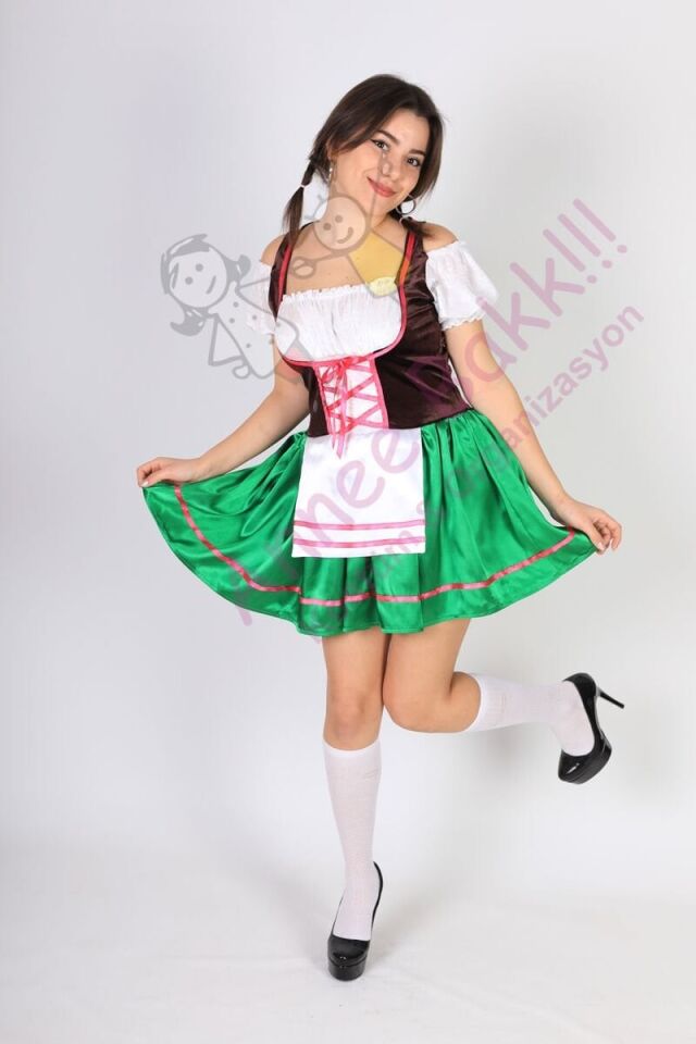 Almanya-Bavyera Oktoberfest Kadın Kostümü, Yeşil Mini Alman Kadın Kıyafeti