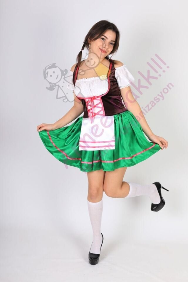 Almanya-Bavyera Oktoberfest Kadın Kostümü, Yeşil Mini Alman Kadın Kıyafeti