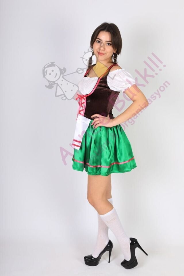 Almanya-Bavyera Oktoberfest Kadın Kostümü, Yeşil Mini Alman Kadın Kıyafeti