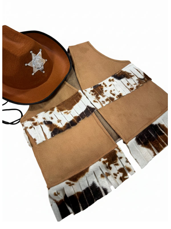 Çocuk Kovboy Yelek ve Şapka Seti, Unisex Püsküllü Kovboy Kostümü