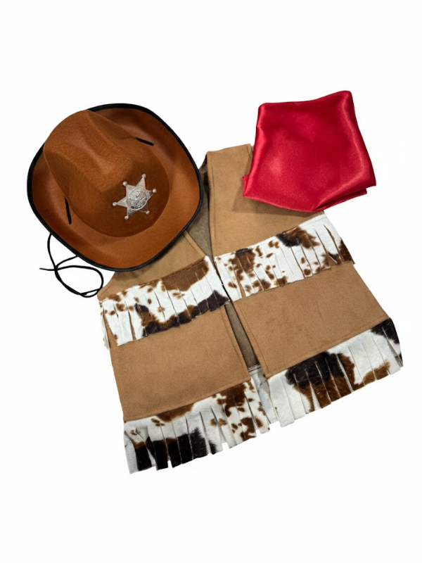 Çocuk Kovboy Yelek ve Şapka Seti, Unisex Püsküllü Kovboy Kostümü