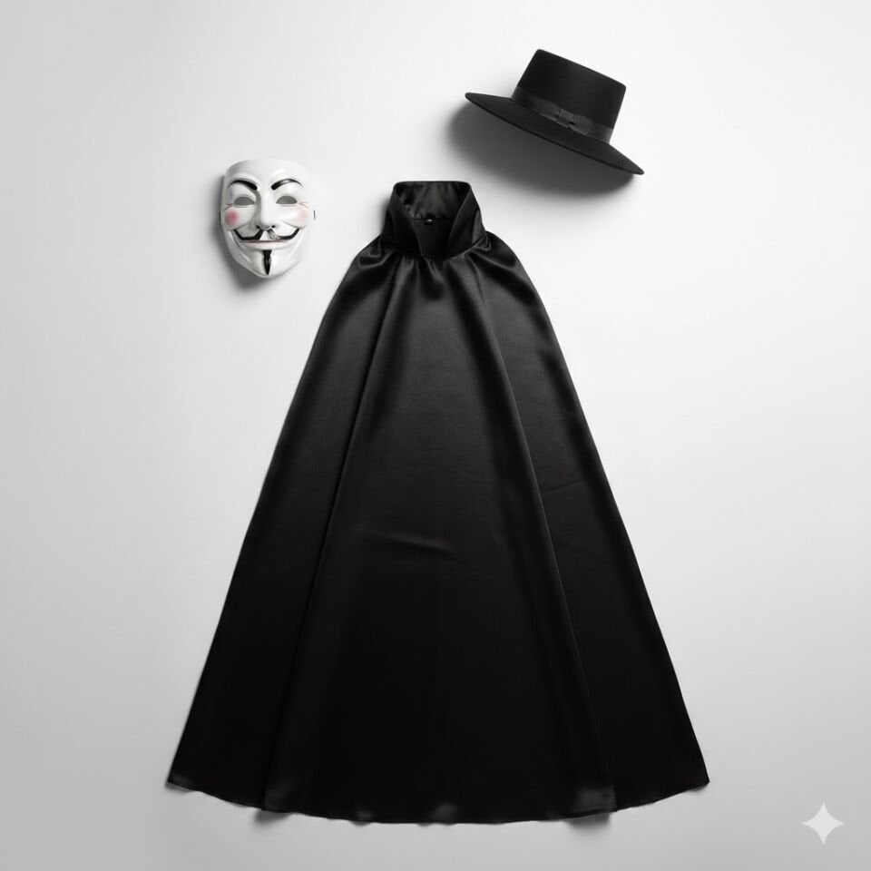 V For Vendetta Kostüm Seti – 100 cm Yakalı Pelerin, Şapka ve Maske
