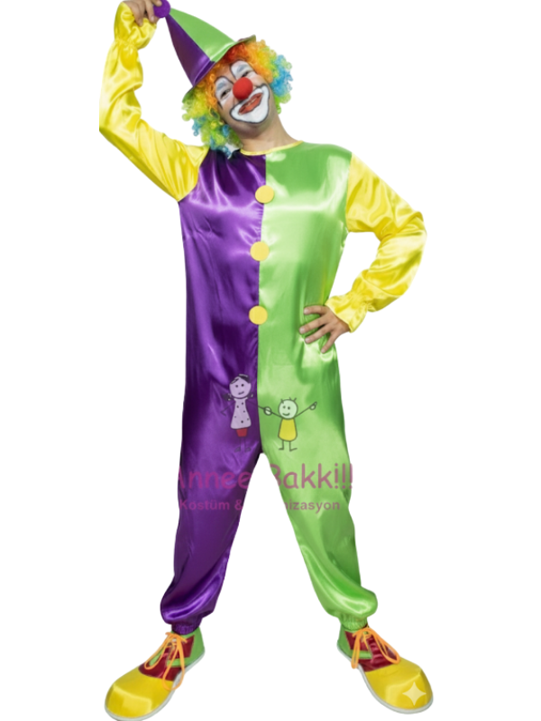 Kukuletalı Tulum Palyaço Kostümü, Yetişkin Mor-Yeşil Palyaço Kıyafeti