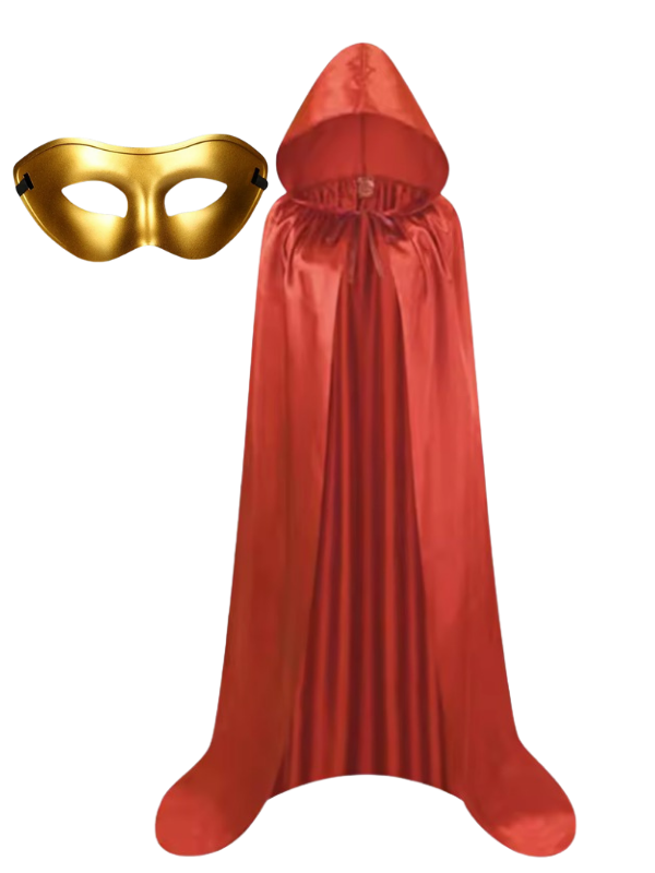 Kapüşonlu Kırmızı Pelerin ve Gold Maske Set, Halloween Aksesuaları
