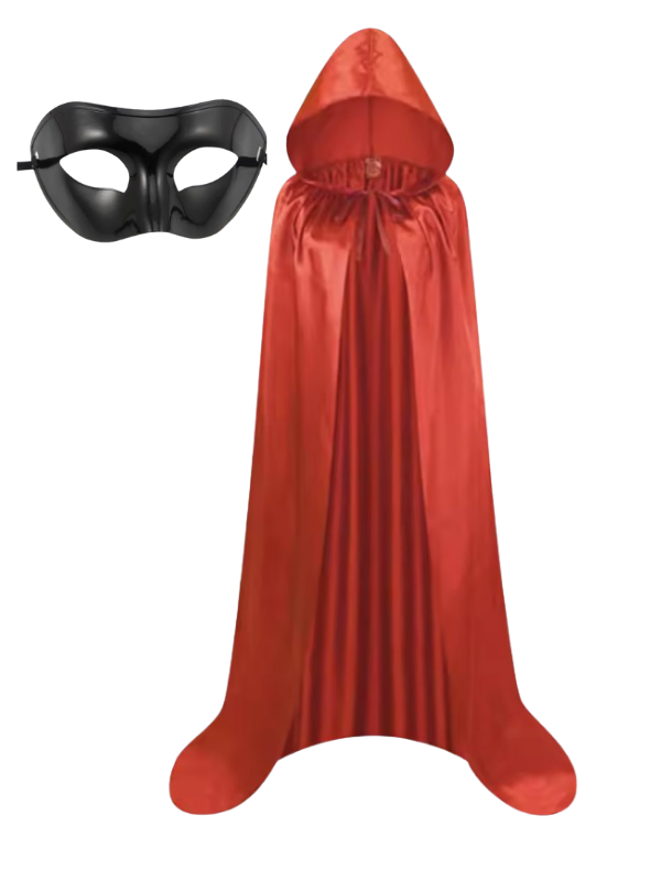 Kapüşonlu Kırmızı Pelerin ve Siyah Maske Set, Halloween Aksesuaları