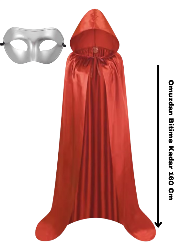 Kapüşonlu Kırmızı Pelerin ve Gümüş Maske Set, Halloween Aksesuaları