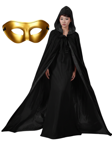Kapüşonlu Siyah Pelerin ve Gold Maske Set, Halloween Aksesuaları