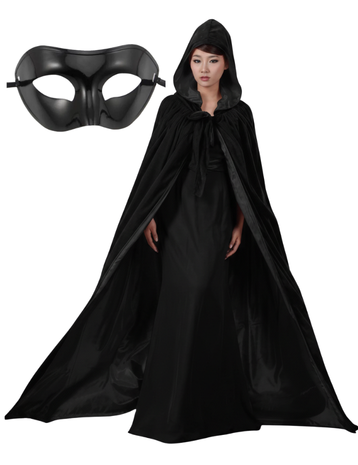 Kapüşonlu Siyah Pelerin ve Siyah Maske Set, Halloween Aksesuaları