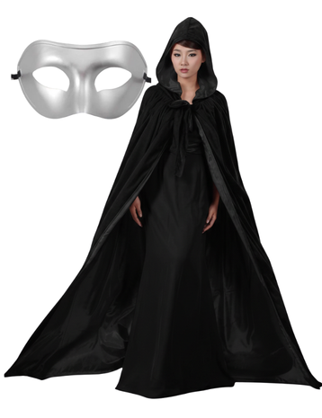 Kapüşonlu Siyah Pelerin ve Gümüş Maske Set, Halloween Aksesuaları