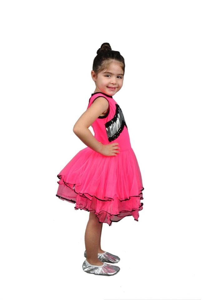 Pembe Renk Modern Dans Kostümü, Kız Çocuk Tüllü Dans Kıyafeti