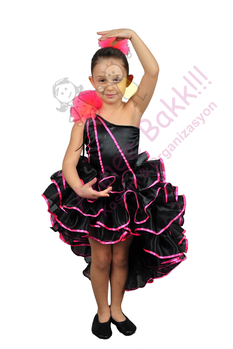 Siyah Renk Fırfırlı Dans Kostümü, Kız Çocuk Dans Kıyafeti