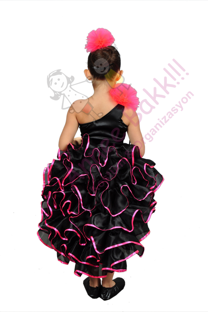 Siyah Renk Fırfırlı Dans Kostümü, Kız Çocuk Dans Kıyafeti