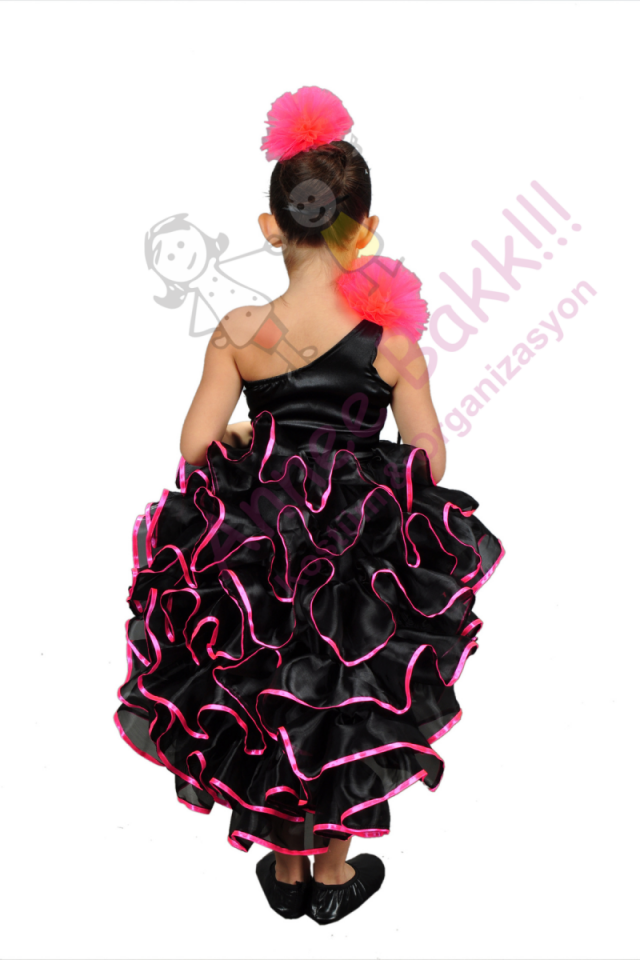 Siyah Renk Fırfırlı Dans Kostümü, Kız Çocuk Dans Kıyafeti