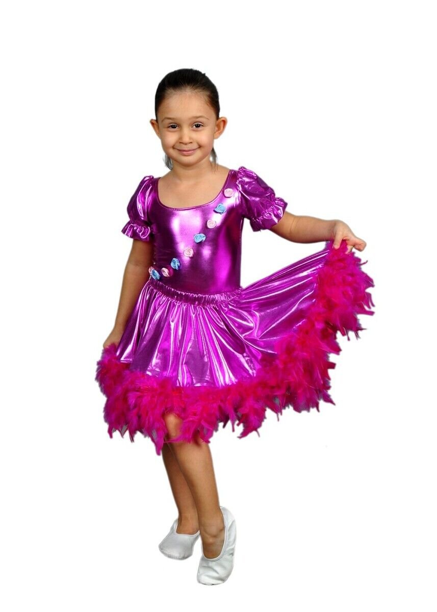 Fuşya Renk Tüylü Dans Kostümü, Kız Çocuk Dans Kostümü