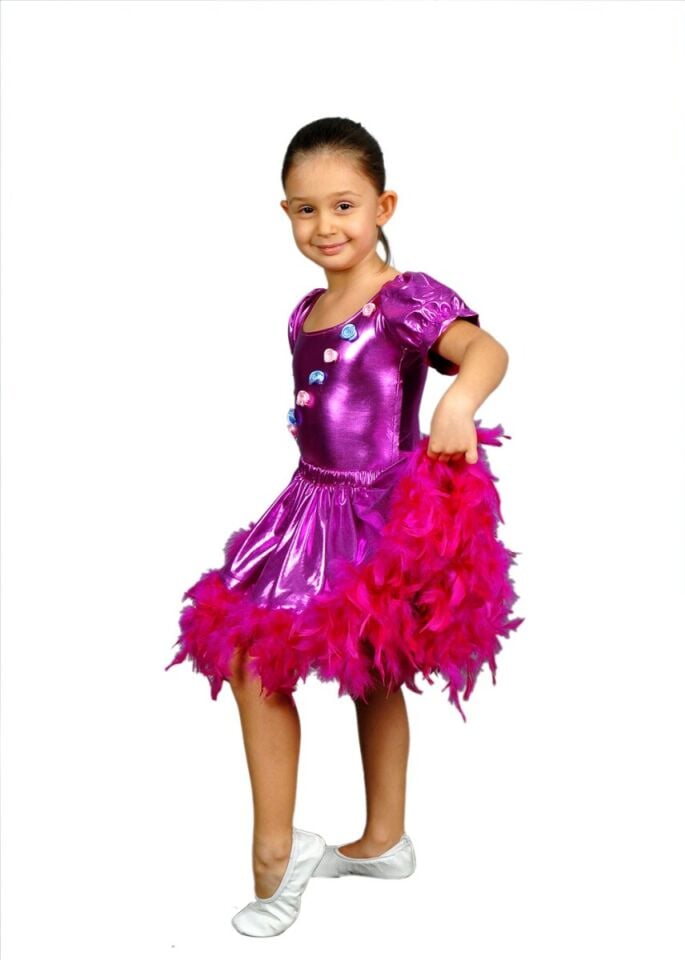 Fuşya Renk Tüylü Dans Kostümü, Kız Çocuk Dans Kostümü