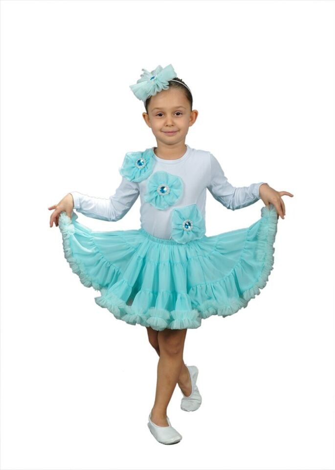 Su Yeşili Şifon Etek Kız Çocuk, Dans Kostüm Eteği, Fırfırlı Tüllü Dans Eteği