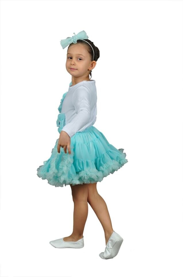Su Yeşili Şifon Etek Kız Çocuk, Dans Kostüm Eteği, Fırfırlı Tüllü Dans Eteği
