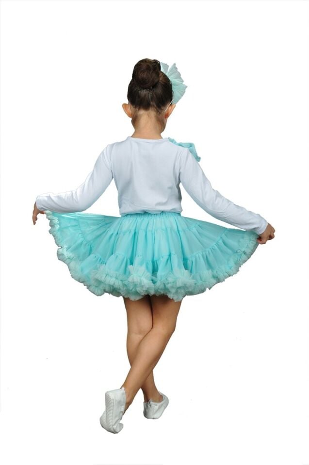Su Yeşili Şifon Etek Kız Çocuk, Dans Kostüm Eteği, Fırfırlı Tüllü Dans Eteği
