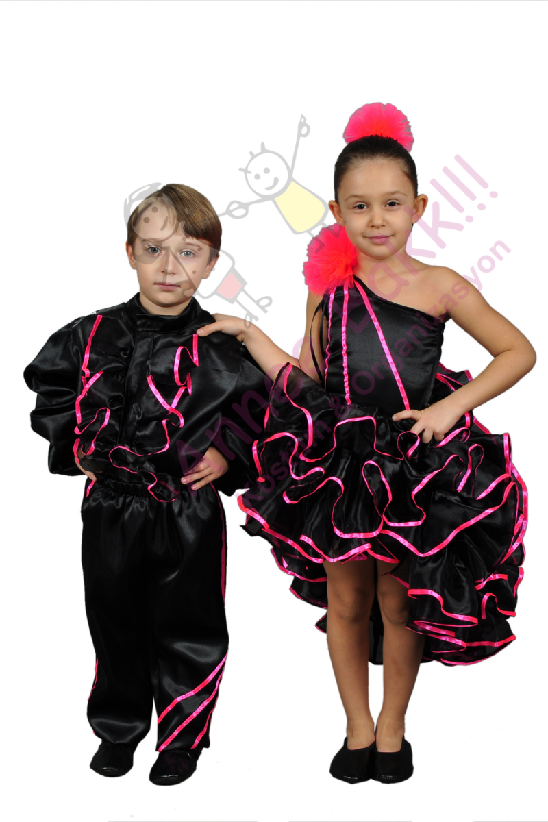 Siyah Renk Fırfırlı Erkek Dans Kostümü, Fırfırlı Modern Dans Kıyafeti