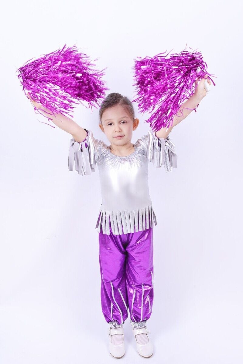 Modern Dans Kostümü Kız Çocuk, Püsküllü Mor ve Gümüş Renk Modern Dans Kıyafeti