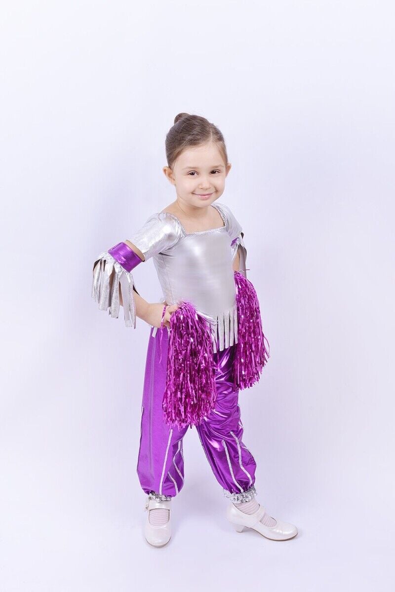 Modern Dans Kostümü Kız Çocuk, Püsküllü Mor ve Gümüş Renk Modern Dans Kıyafeti