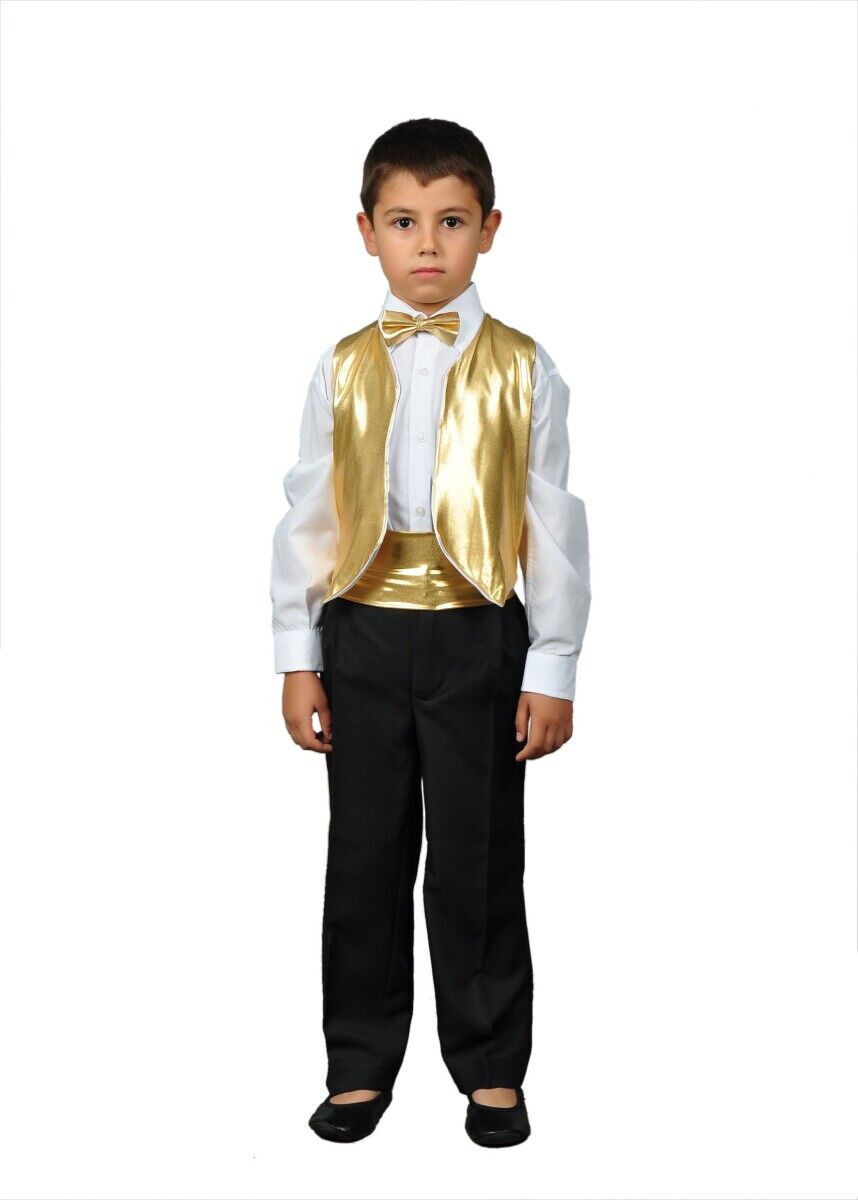 Gold Renk Yelekli Erkek Dans Kostümü, Erkek Çocuk Modern Dans Kostümü