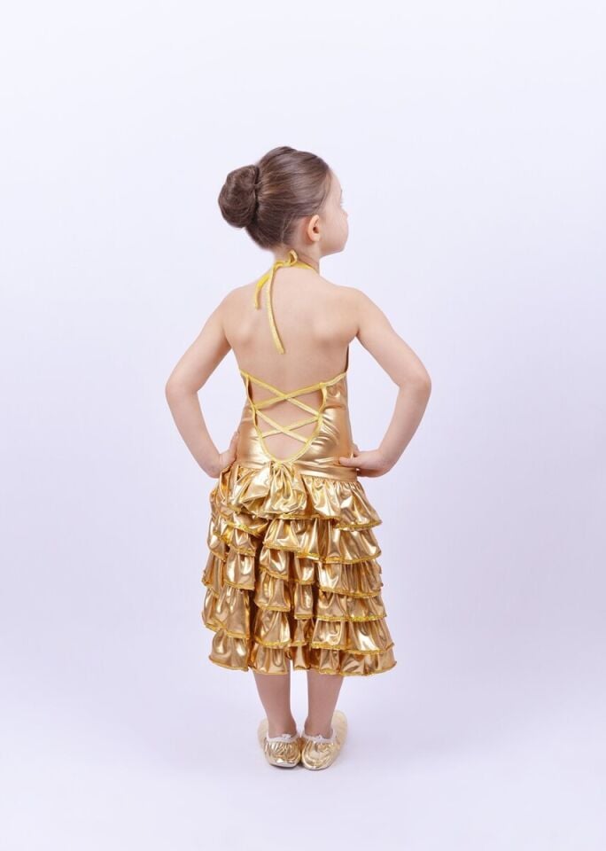 Gold Renk Fırfırlı Dans Kostümü, Kız Çocuk Fırfırlı Dans Kıyafeti