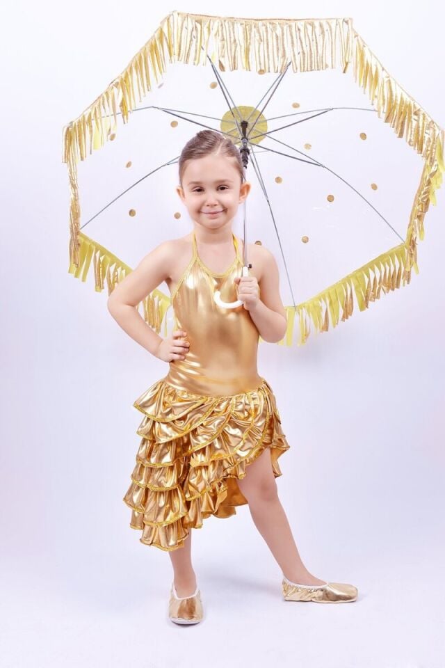 Gold Renk Fırfırlı Dans Kostümü, Kız Çocuk Fırfırlı Dans Kıyafeti