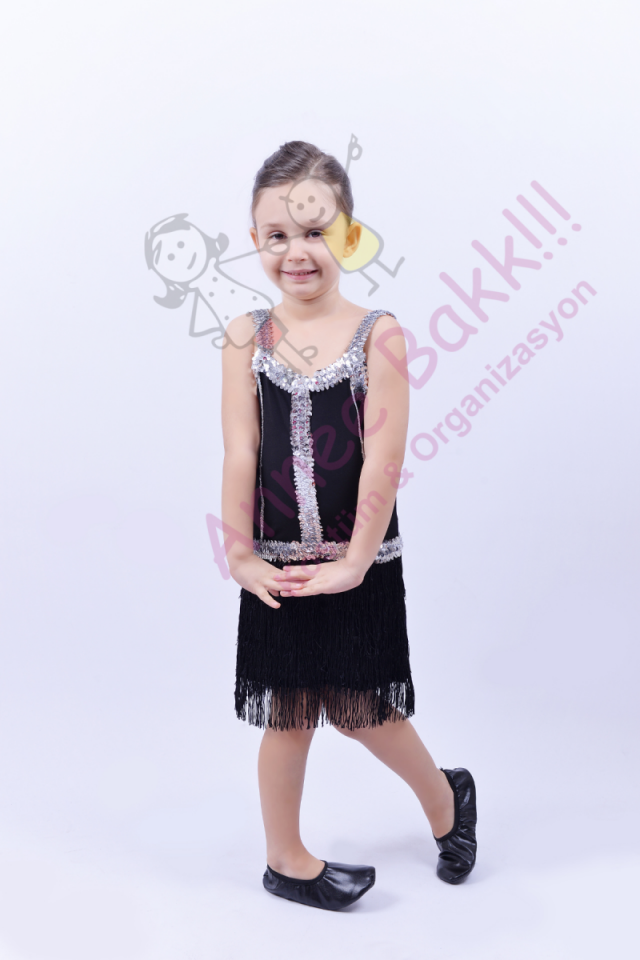 Siyah Renk Püsküllü Dans Kostümü, Kız Çocuklarına Özel Püsküllü Dans Kıyafeti