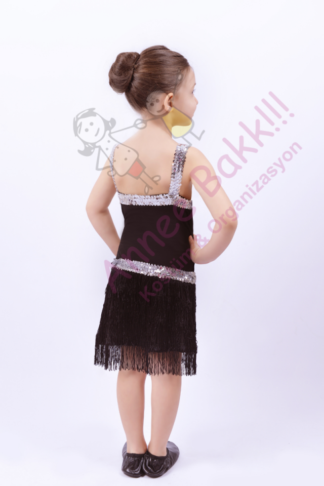Siyah Renk Püsküllü Dans Kostümü, Kız Çocuklarına Özel Püsküllü Dans Kıyafeti