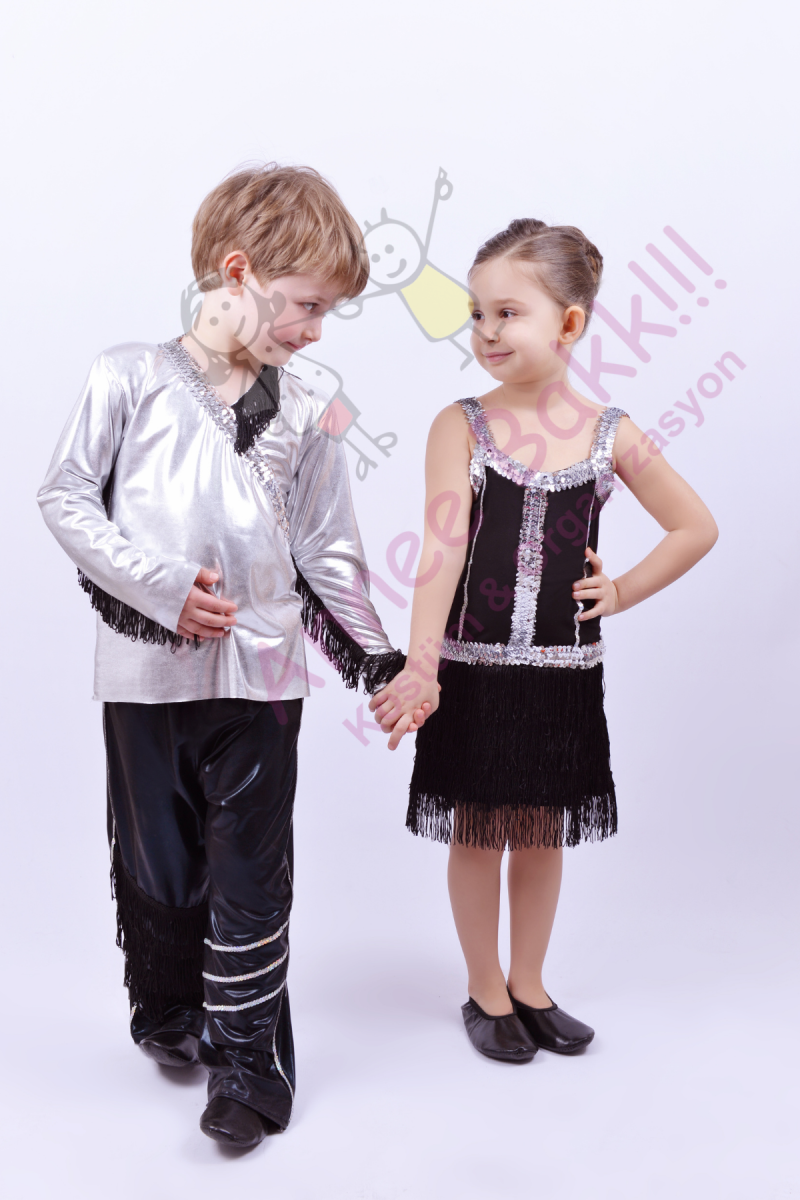Siyah Renk Püsküllü Dans Kostümü, Kız Çocuklarına Özel Püsküllü Dans Kıyafeti
