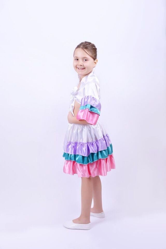 Rengarenk Bolerolu Dans Kostümü, Kız Çocuk Bolerolu Flamenko Dans Kostümü