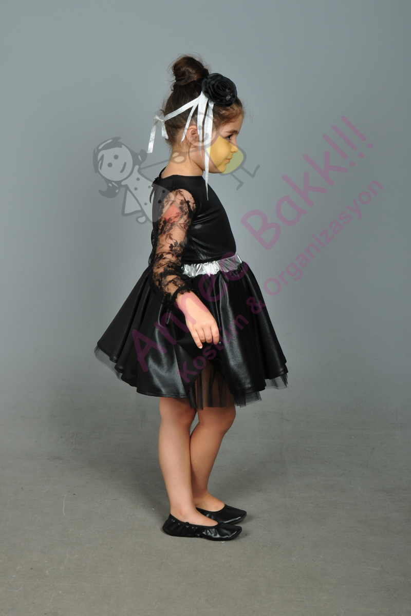 Siyah Renk Modern Dans Kostümü, Tüllü Kız Çocuk Dans Kostümü