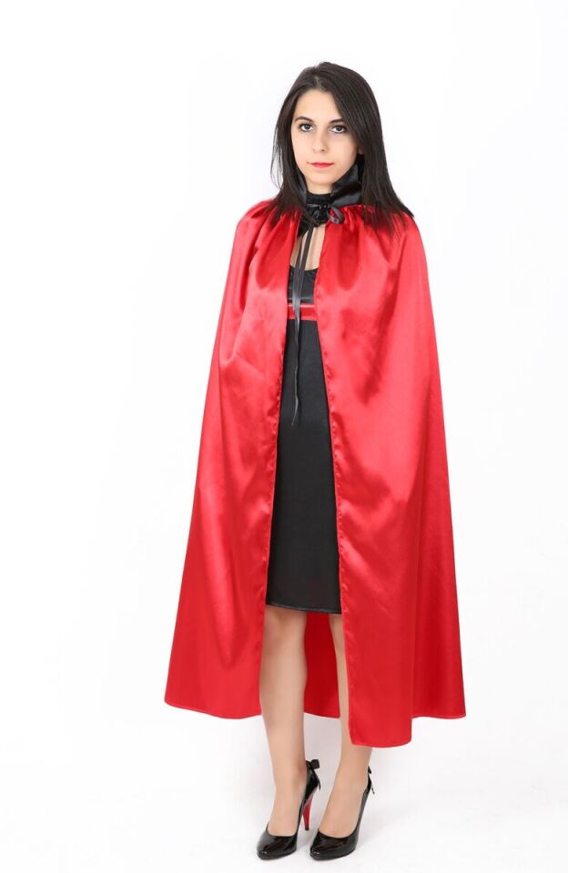 Kırmızı Renk Yakalı Saten Pelerin, Cadılar Bayramı Yetişkin Kostüm Pelerin, Halloween Aksesuarları