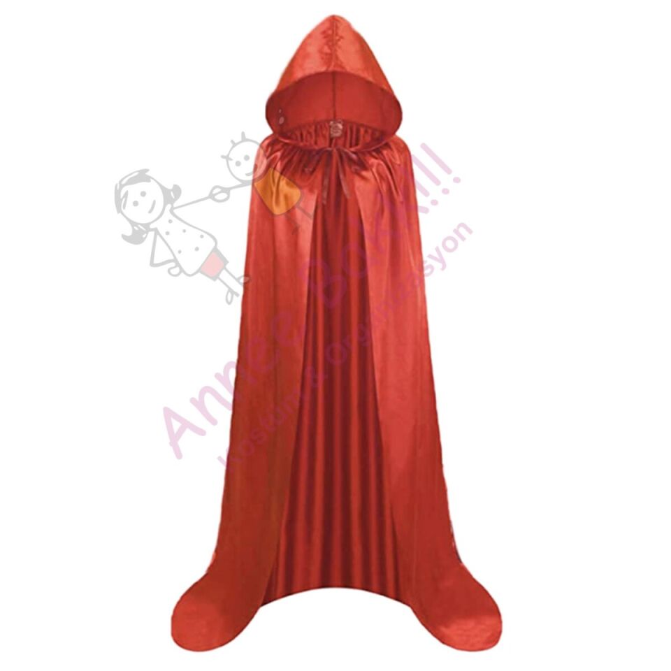 150 Cm Kapüşonlu Pelerin, Kırmızı Saten Pelerin, Cadılar Bayramı Aksesuarları