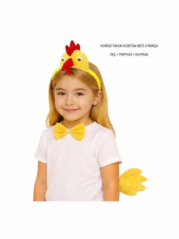 Çocuk Horoz Tavuk Kostüm Seti 3 Parça, Hayvan Taç Seti