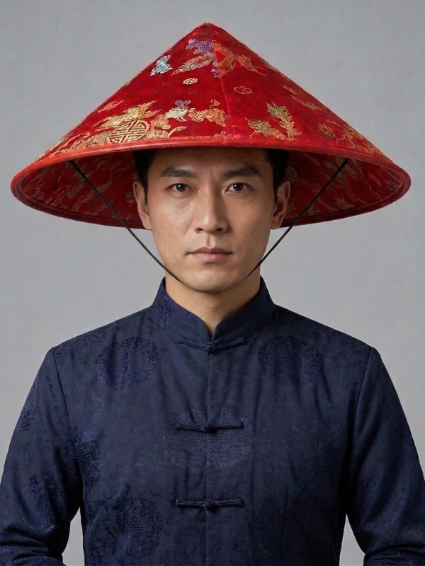 Kırmızı Saten Çin Desenli Dragon İşlemeli Şapka (Lastikli)