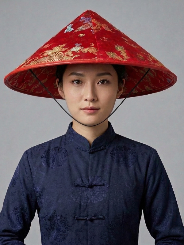 Kırmızı Saten Çin Desenli Dragon İşlemeli Şapka (Lastikli)