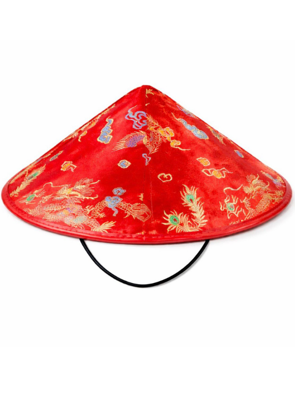 Kırmızı Saten Çin Desenli Dragon İşlemeli Şapka (Lastikli)