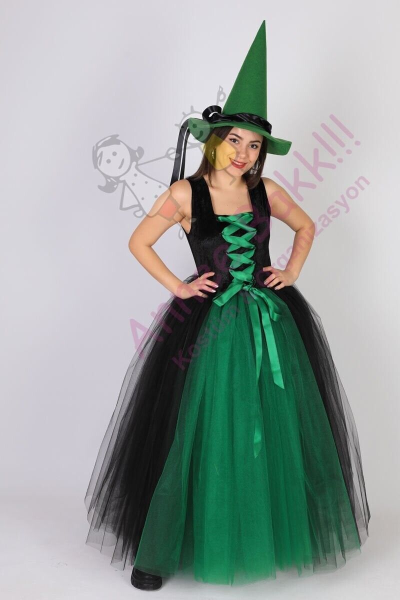 Yeşil Renk Tül Cadı Kostümü, Yetişkin Kadın Cadı Kıyafeti