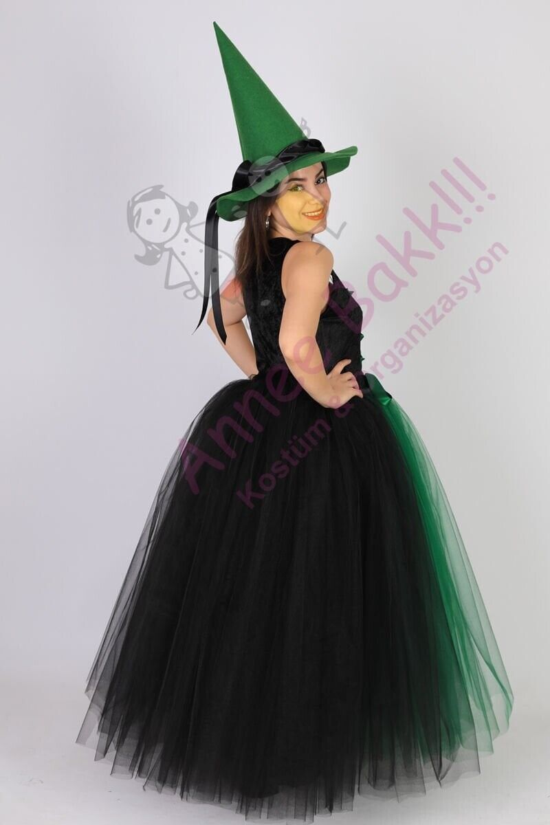 Yeşil Renk Tül Cadı Kostümü, Yetişkin Kadın Cadı Kıyafeti