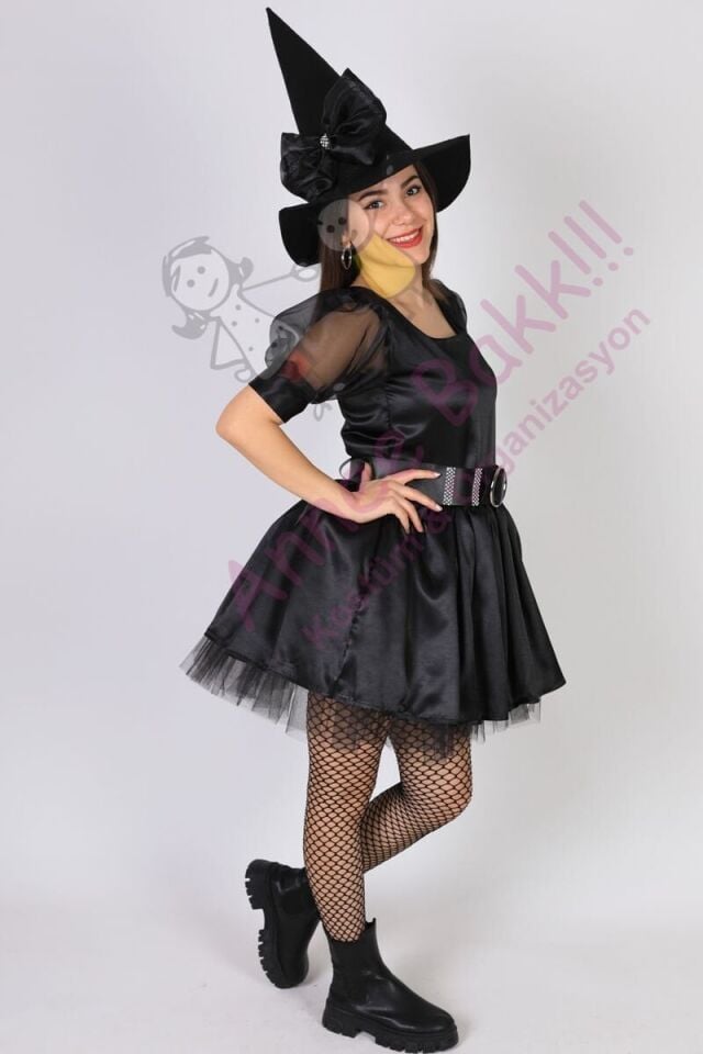 Siyah Renk Cadı Kostümü, Yetişkin Kadın Cadı Kıyafeti, Cadılar Bayramı Kostümü