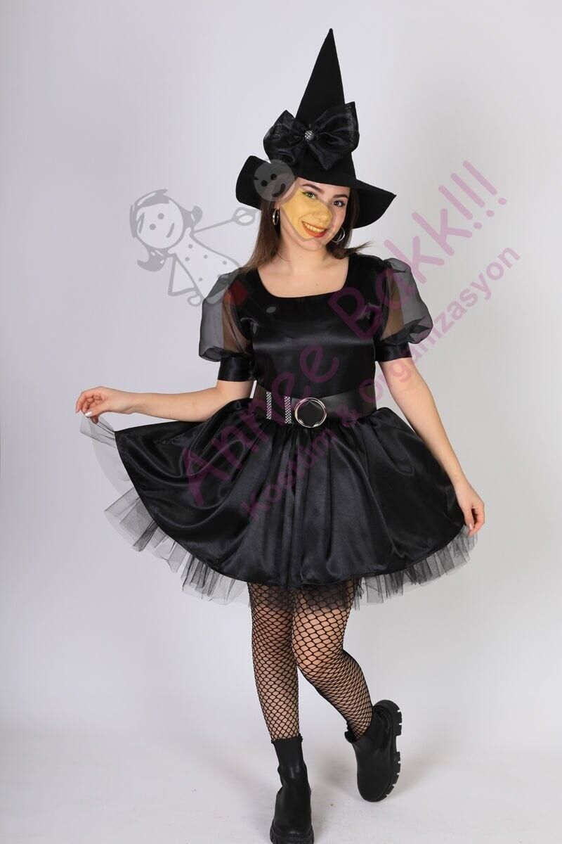 Siyah Renk Cadı Kostümü, Yetişkin Kadın Cadı Kıyafeti, Cadılar Bayramı Kostümü