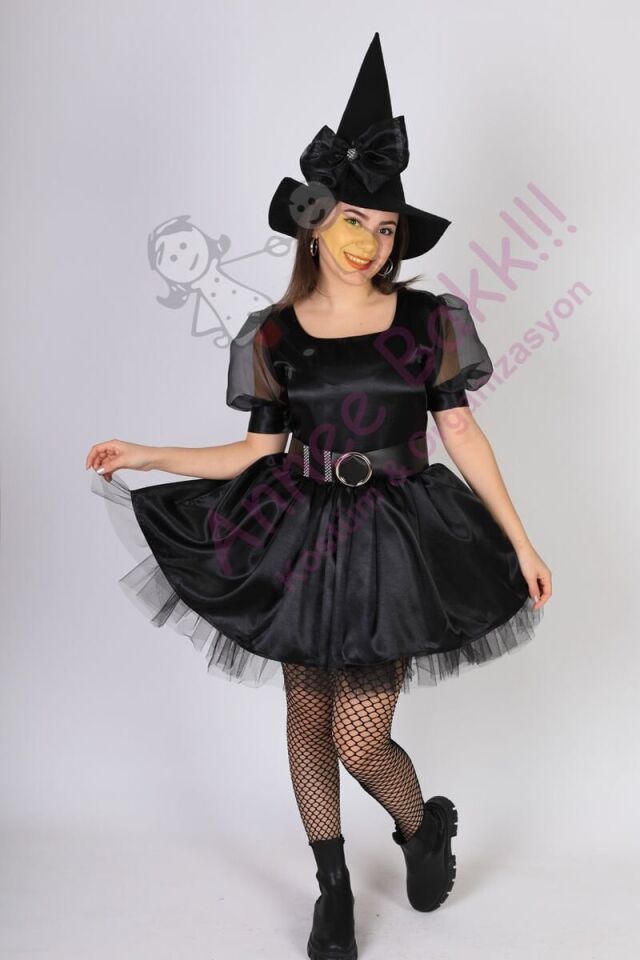 Siyah Renk Cadı Kostümü, Yetişkin Kadın Cadı Kıyafeti, Cadılar Bayramı Kostümü