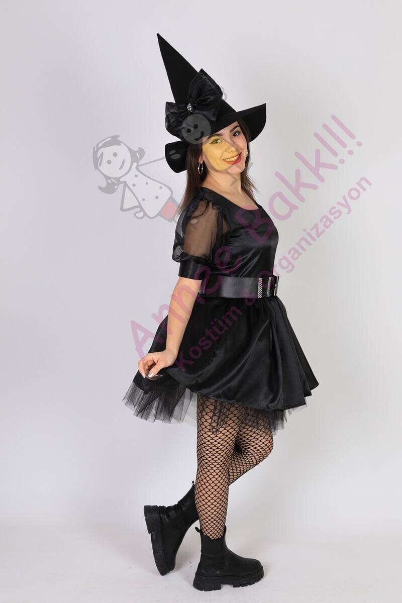 Siyah Renk Cadı Kostümü, Yetişkin Kadın Cadı Kıyafeti, Cadılar Bayramı Kostümü, Hızlı Kargo
