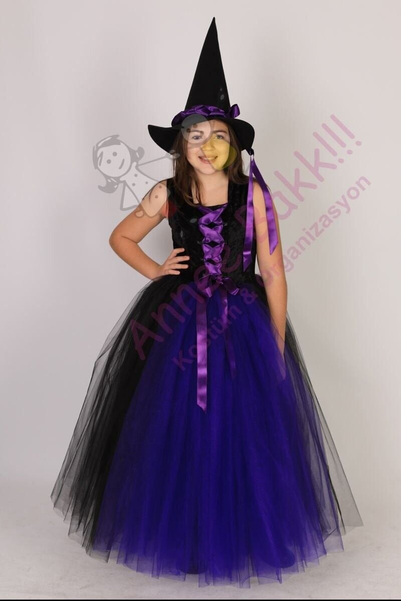 Mor Tüllü Kız Çocuk Cadı Kostümü, Cadılar Bayramı Çocuk Cadı Kostümleri